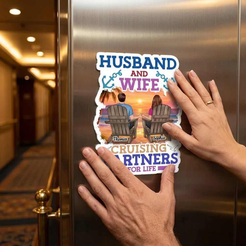 Personalized Acrylic Magnet Cruise Couple Sunset Beach Chairs 'Cruising Partners for Life' Unique Gift for Husband & Wife
