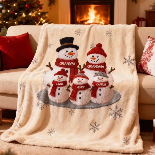 Custom Snowman Family Fleece Blanket, Snuggly Holiday Fleece for Grandma and Grandpa, Unique Personalized Christmas Gift