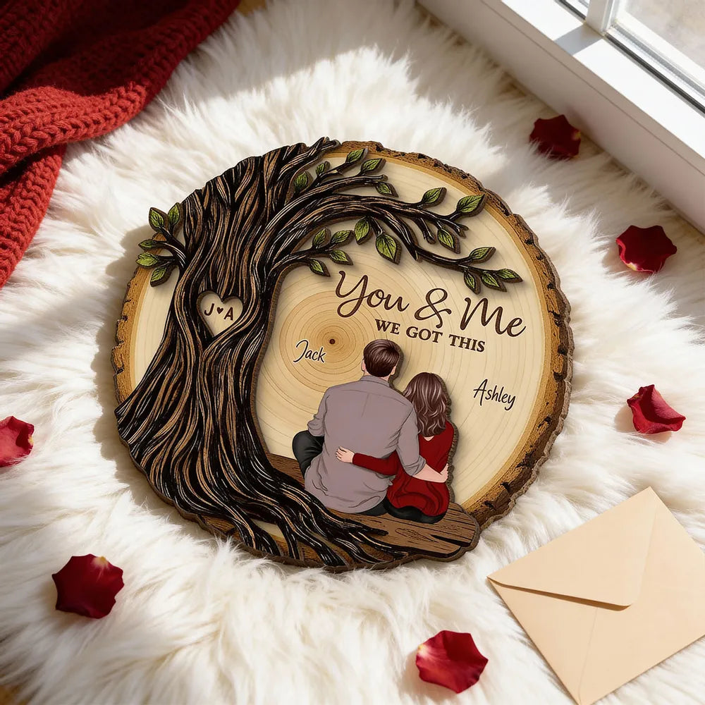 Personalized 2-Layer Wooden Plaque, Couple Sitting Back View Under Heart Tree, Unique Romantic Gift for Your & Me Moments