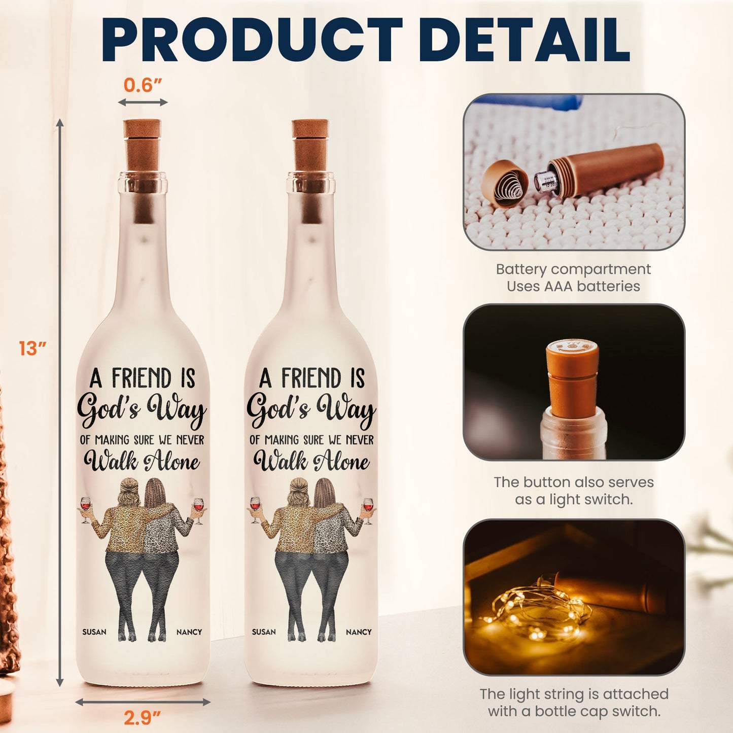 A Friend Is God's Way Bottle Lamp – Personalized Light-Up Gift for Best Friends
