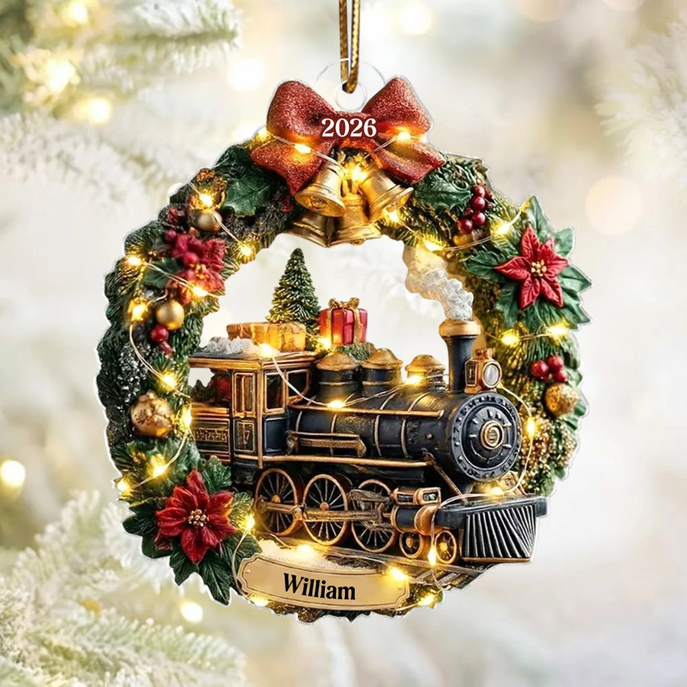 Cozy Lighted Train Wreath Acrylic Ornament, Personalized Keepsake For Holiday Home Decorating, Unique Creative Gift
