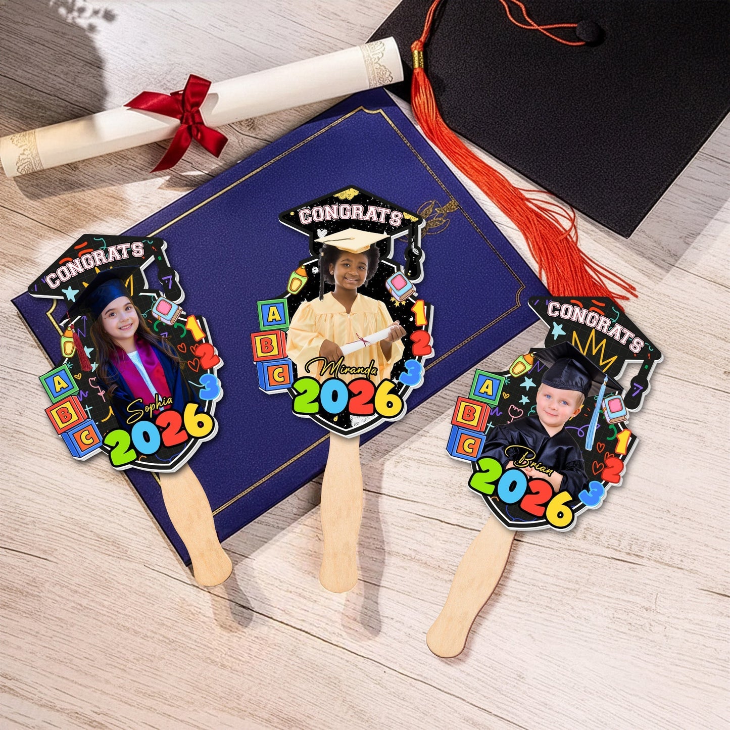 Personalized Graduation Foam Board Fan with Photo and Congrats Design for Kindergarten Graduation, Unique Gift for Kids