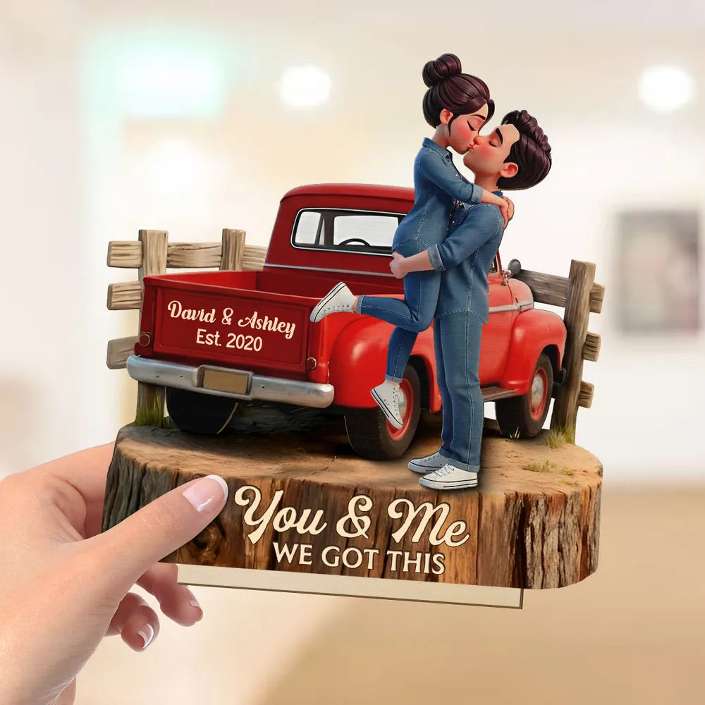 Personalized 2-Layer Wooden Plaque with Kissing Couple in Red Pickup Truck, Farmhouse Decor, Unique Gift for Couples