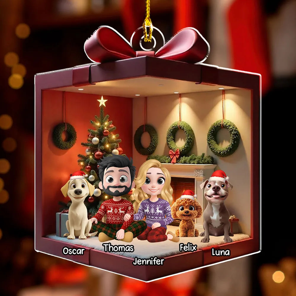 Festive Acrylic Ornament Featuring Family & Dog Under Christmas Tree – Ideal Holiday Gift