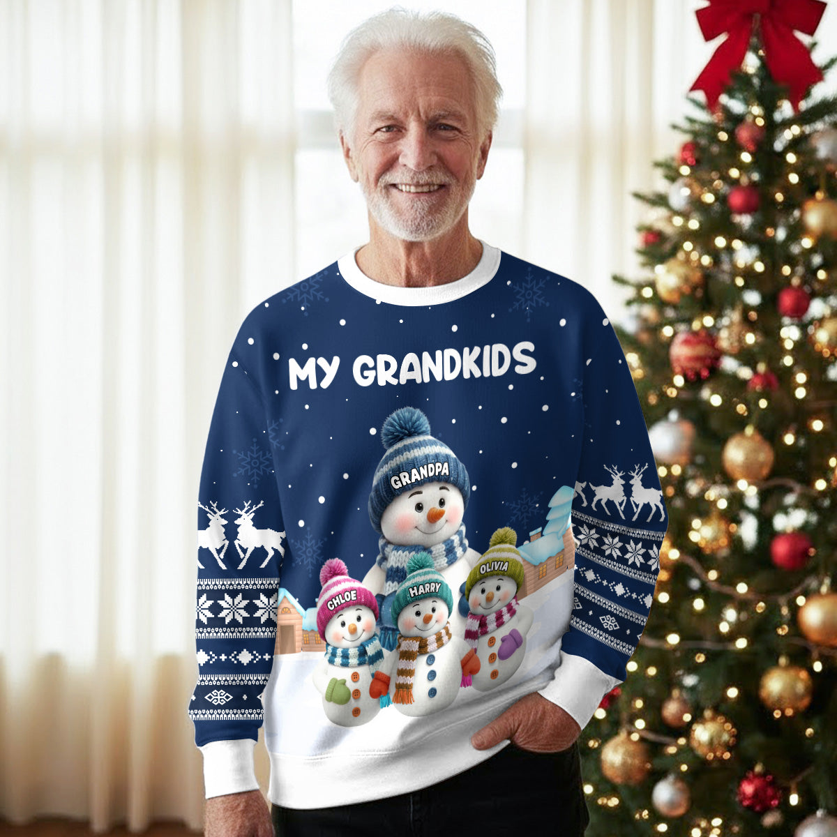 Christmas Sweatshirt for Grandparents, cute snowman family in snowy village, warm and soft, a unique gift for Grandma