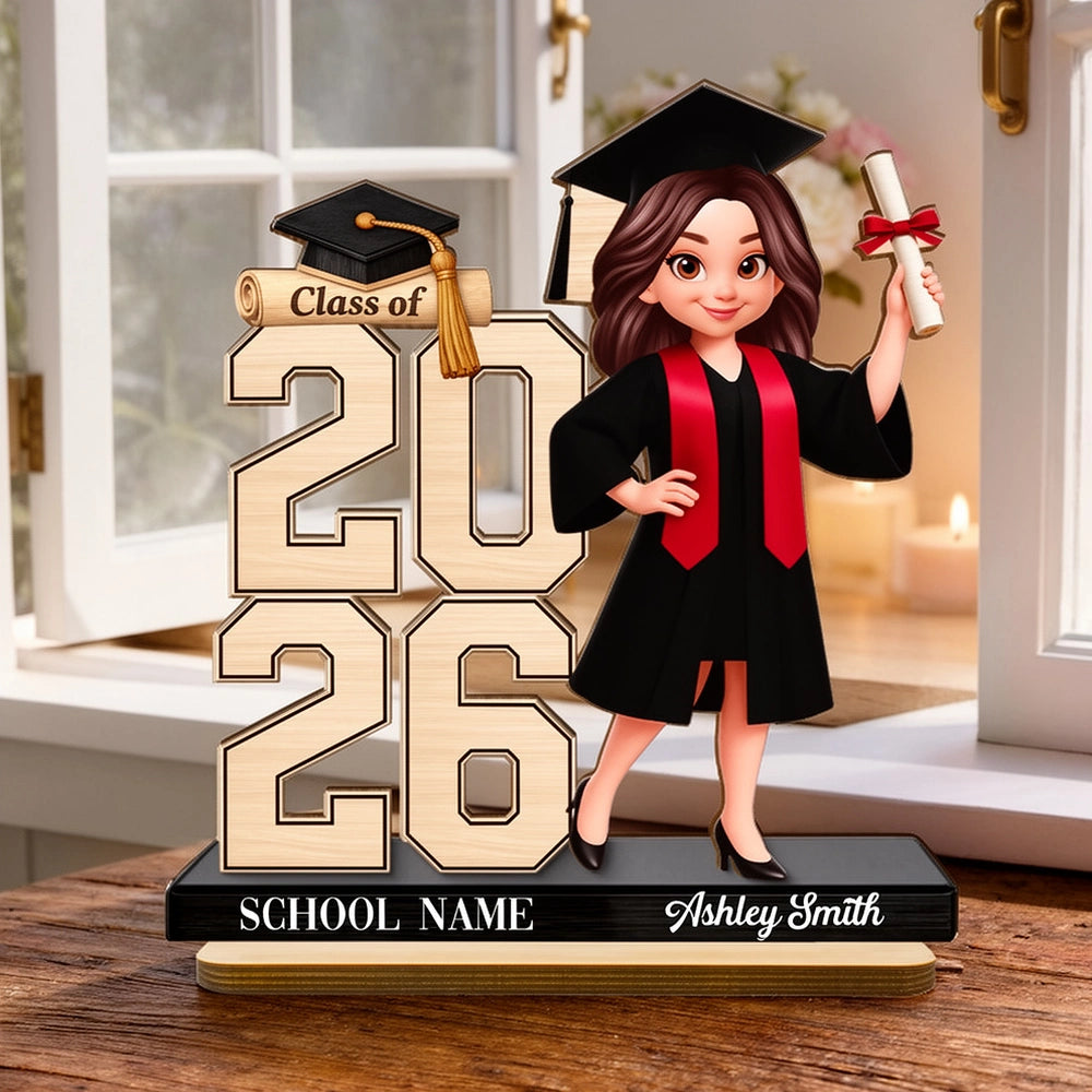 Custom Graduation Girl Character 2-Layer Wooden Plaque, Class Year Keepsake for Living Room Display, Thoughtful Gift
