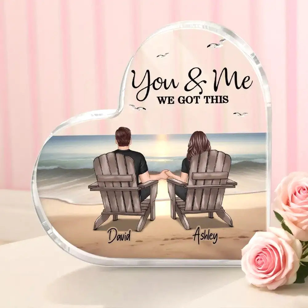 Heart Acrylic Block Plaque with You & Me Couple Back View on Beach, High Clarity, Romantic Keepsake Gift