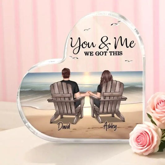 Heart Acrylic Block Plaque with You & Me Couple Back View on Beach, High Clarity, Romantic Keepsake Gift