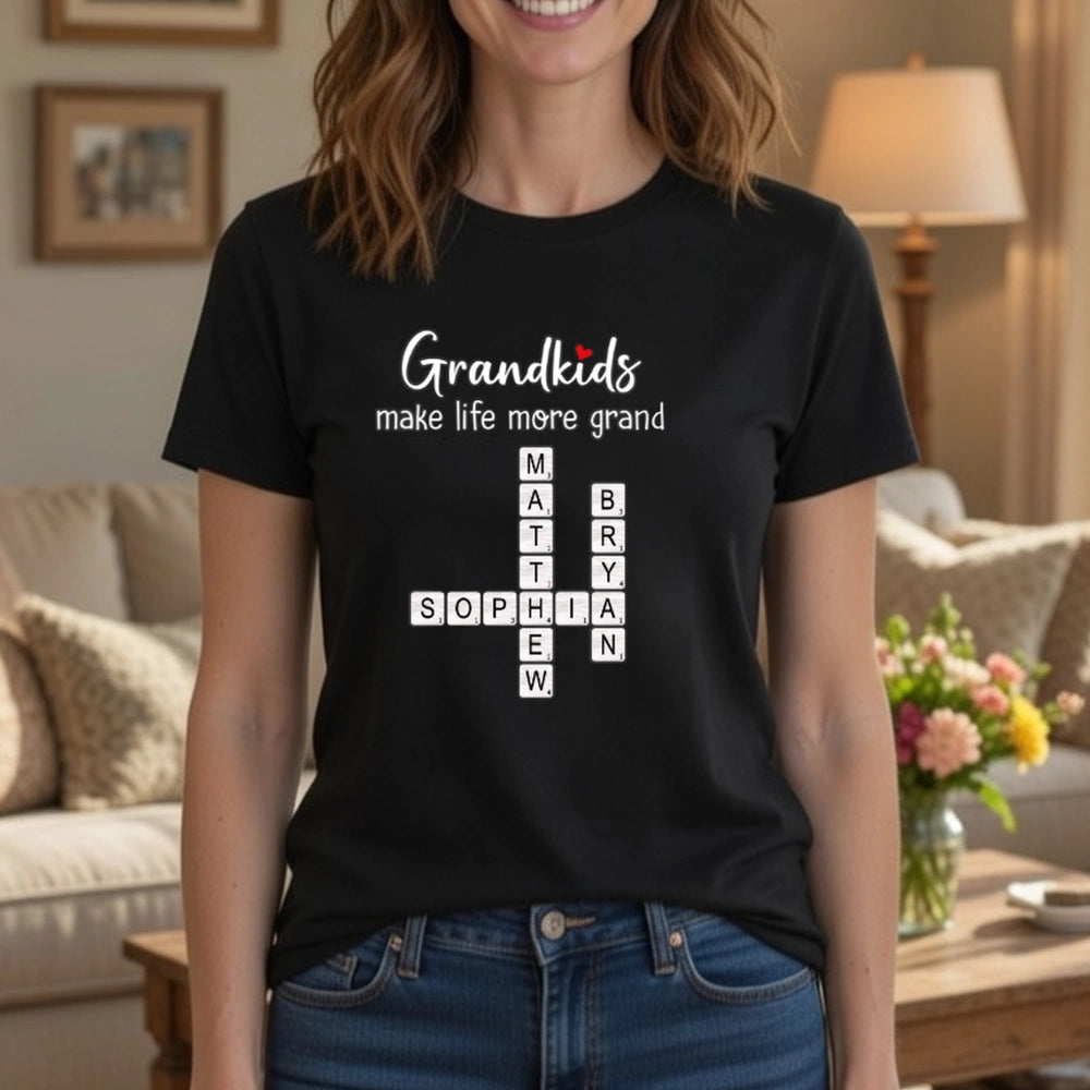 Grandkids Make Life More Grand Classic Tee, Personalized Crossword Name Shirt, Unique Gift for Grandma or Mom