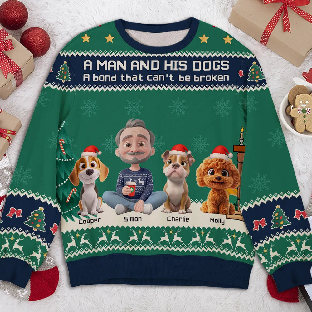 A Man and His Dog Sweatshirt, Custom All-Over Print, Cozy Christmas Cartoon, unique gift for dog dads & pet lovers