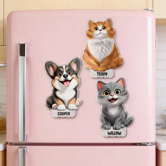Personalized Acrylic Fridge Magnet with Cute Cartoon Pets, Colorful Kitchen Decor, Unique Gift for Dog & Cat Lovers