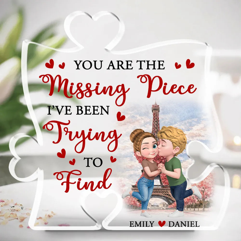 Personalized Puzzle Acrylic Block Plaque You Are The Missing Piece Cute Cartoon Couple Kissing, Unique Anniversary Gift