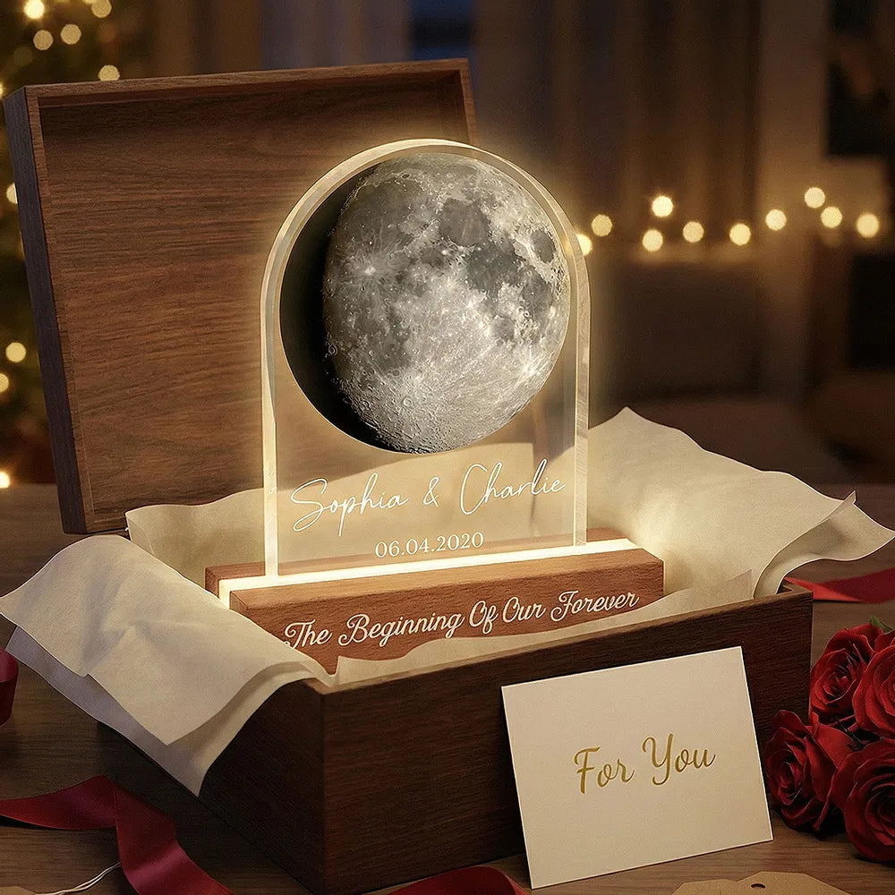 Personalized Moon Phase Block LED Light Plaque for Couple Anniversary Bedroom Decor, Warm Romantic Glow, Unique Gift