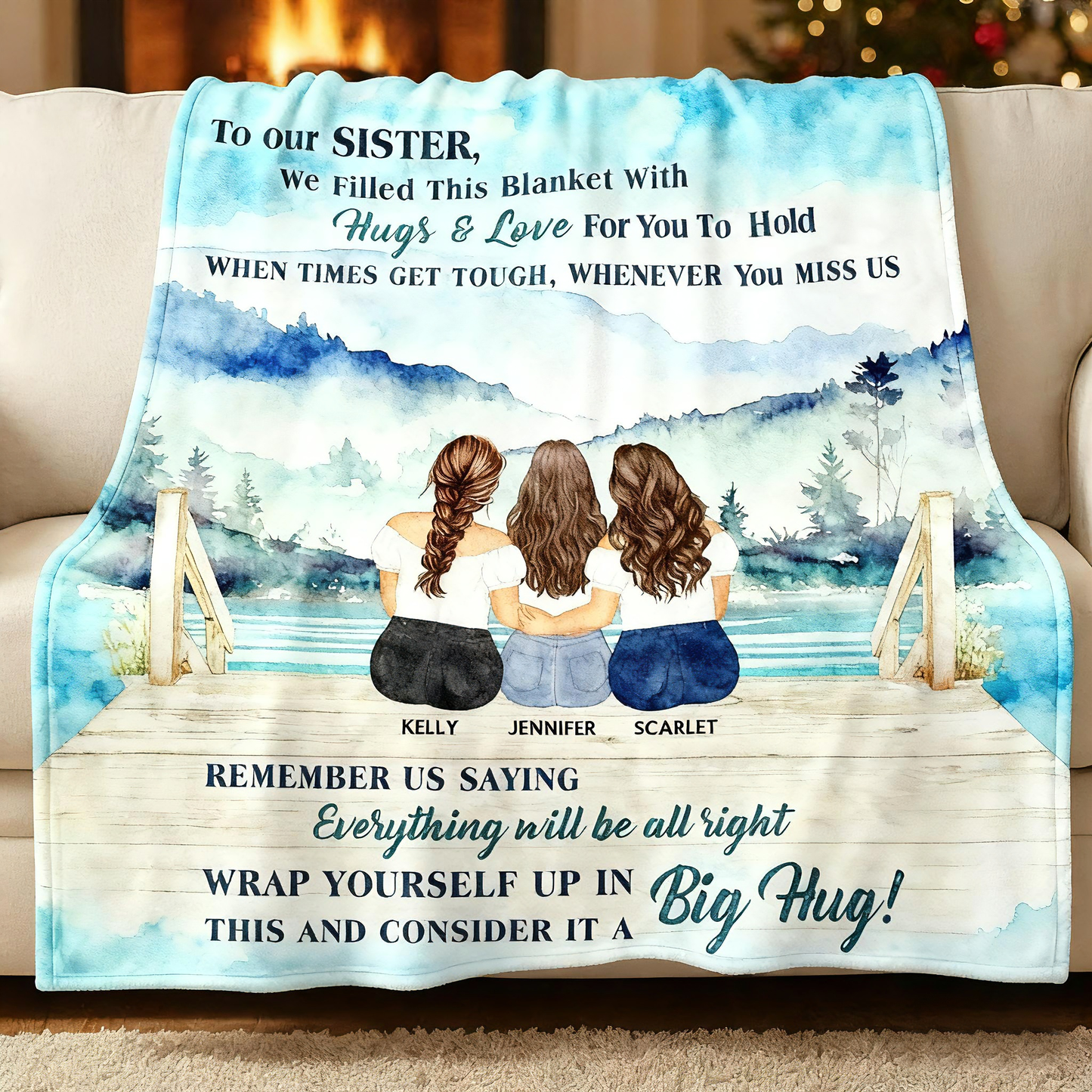 "To Our Sister" Personalized Custom Watercolor Sisters Hug Fleece Blanket, Unique Healing Gift for Sister, Friend, Soulmate
