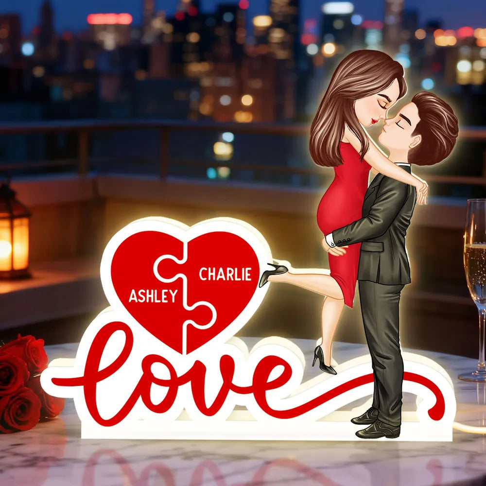 Acrylic Light Box Warm Glow Couple Embrace Love Heart Puzzle Design - Personalized Keepsake Gift for Couples