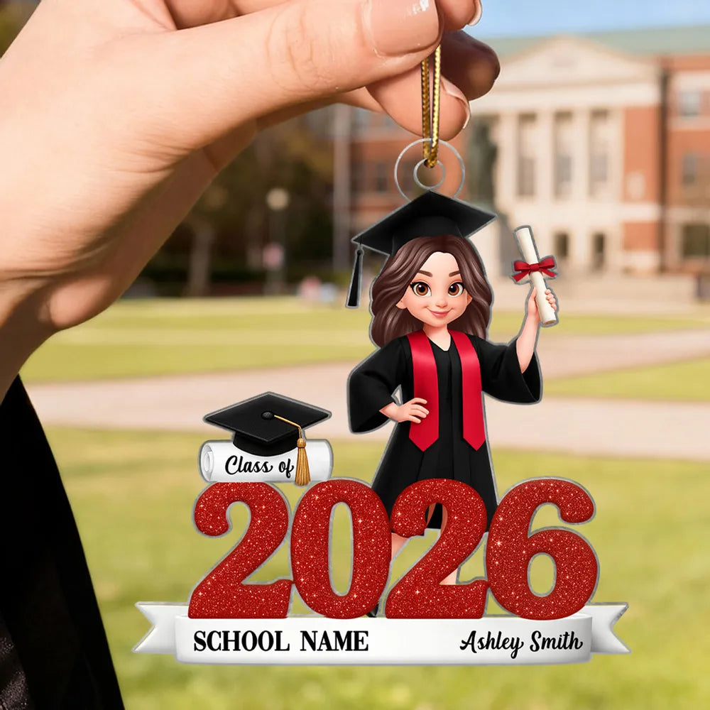 Graduation Acrylic Ornament, red glitter design with cap & diploma, celebrate achievement, perfect graduation gift keepsake
