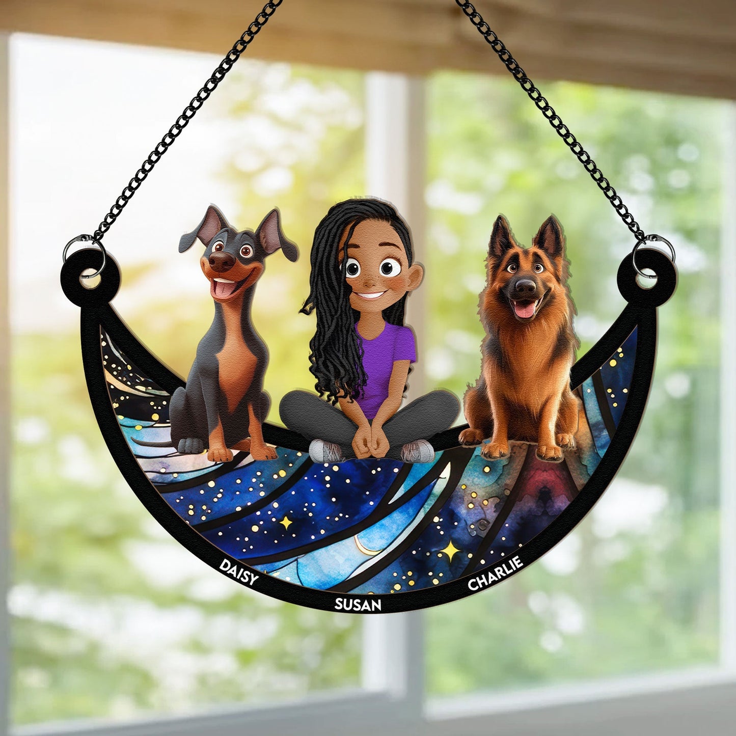 Personalized Dog Lovers Ornament – Cute Family Hanging with a Girl and Her Dogs, Perfect Gift for Dog Lovers, Ideal for Valentine's Day and Birthday, Wood and Acrylic Layered Ornament
