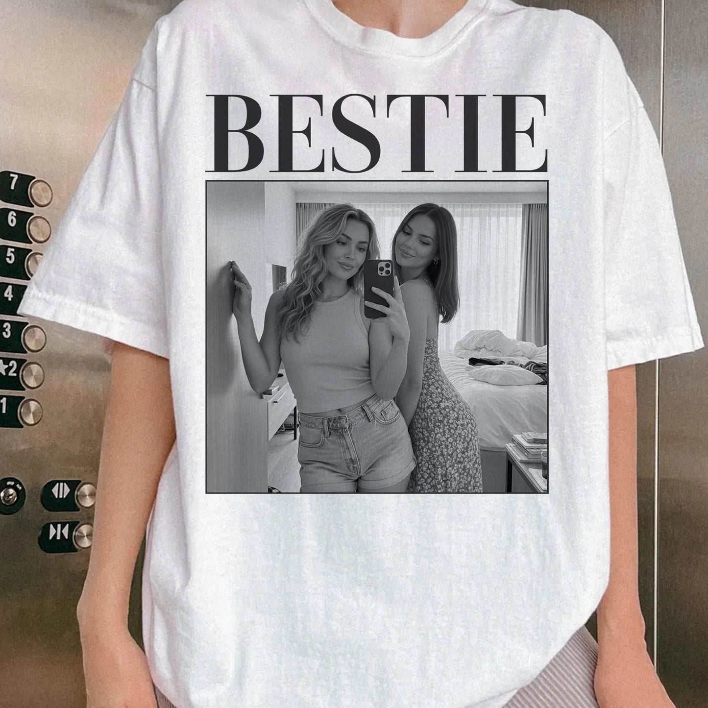 BESTIE Personalized Photo Classic Tee, Vintage-Style Black & White Memory Look, Unique Gift for Best Friend