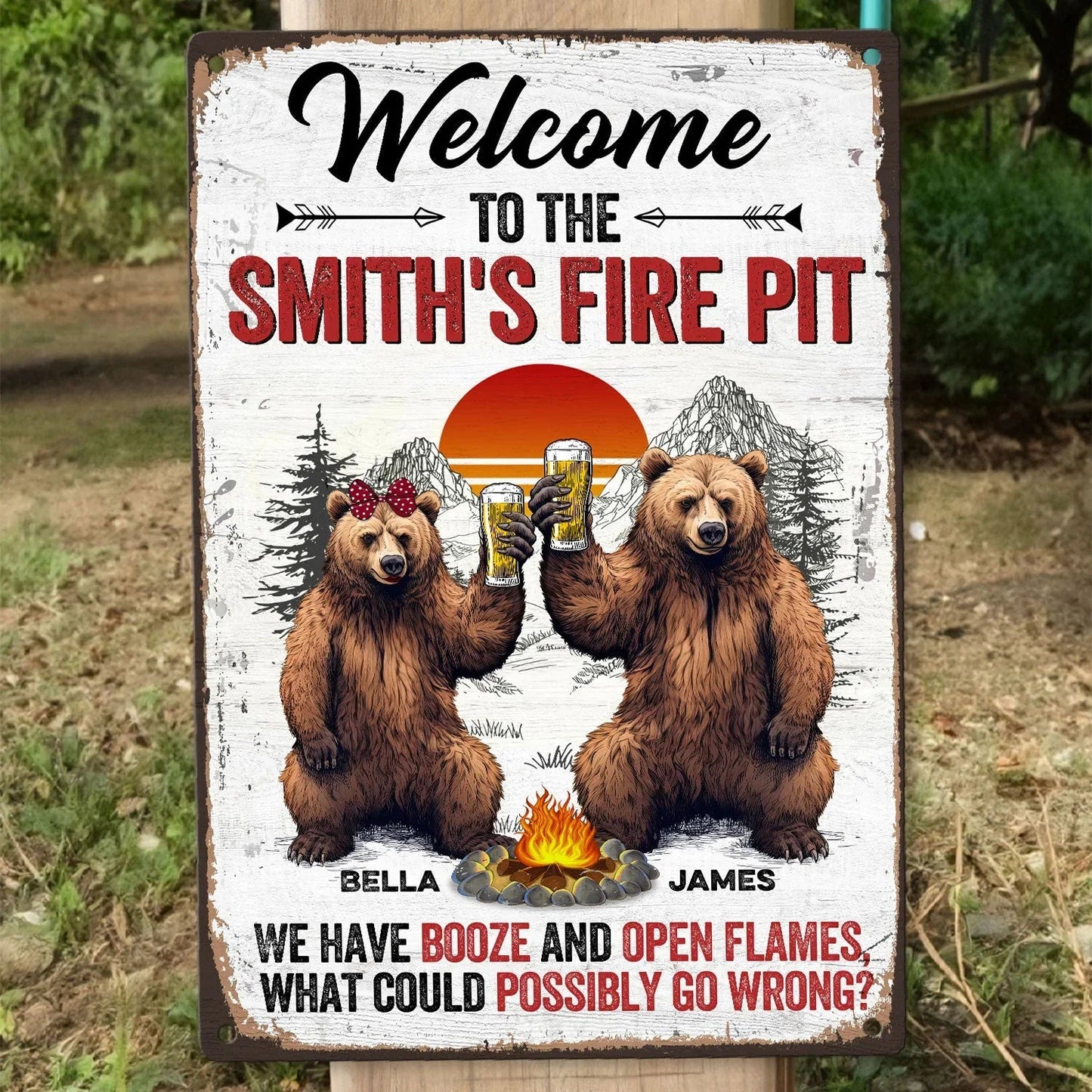 Personalized Rectangular Iron Sign for the Fire Pit - Funny Welcome Bear Toast Outdoor Decor, Unique Gift