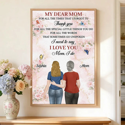 My Dear Mom Personalized Poster, Mother Daughter Hug Illustration, Soft Floral Wall Decor, Heartwarming Gift for Mom