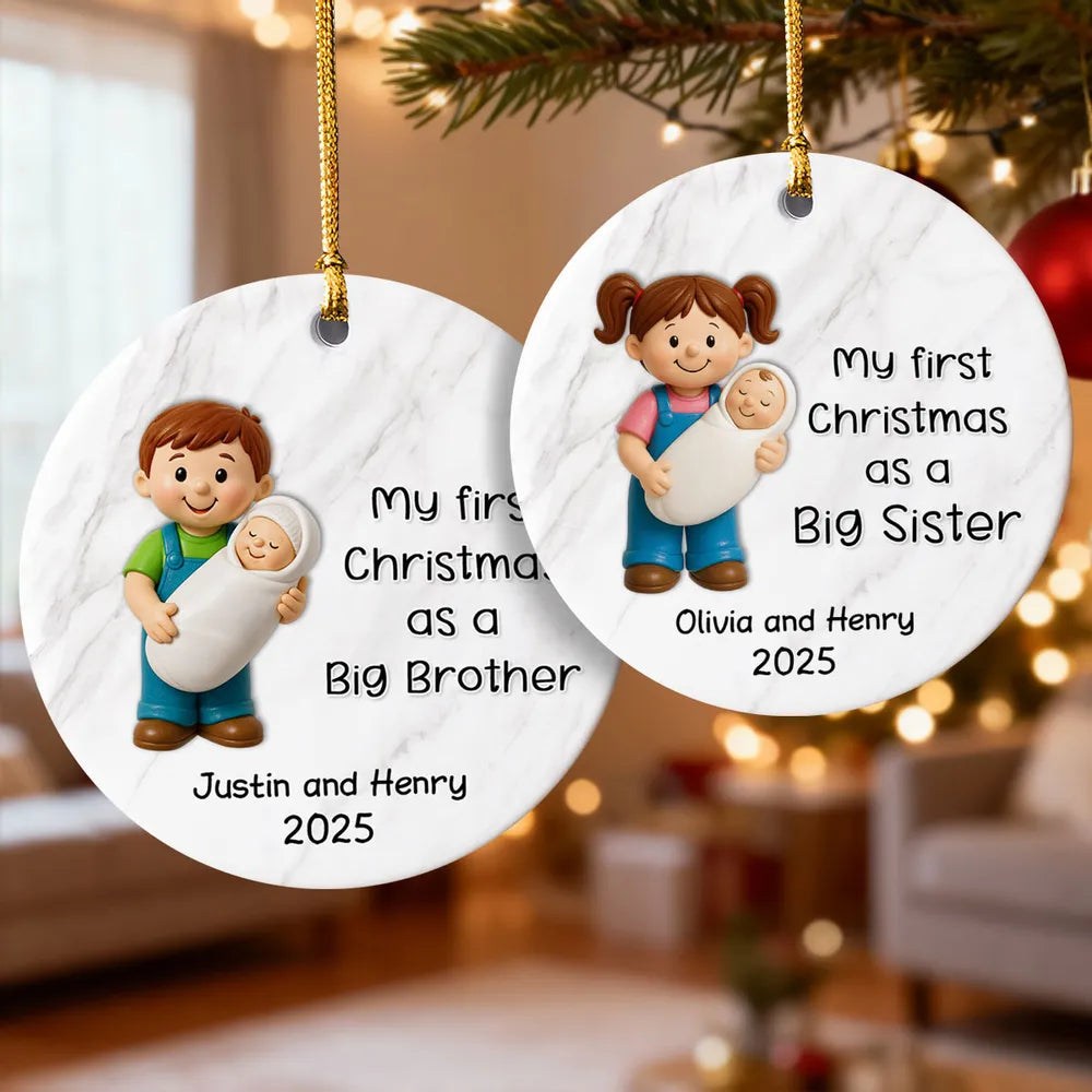 Personalized Big Brother Big Sister Ceramic Ornament celebrating first Christmas as a sibling, round ceramic holiday décor gift