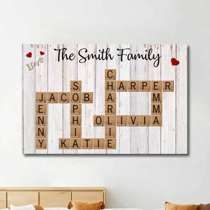 Personalized Family Crossword Poster, Plaque, or Ornament – Custom Family Names Gift for Home Décor and Special Occasions