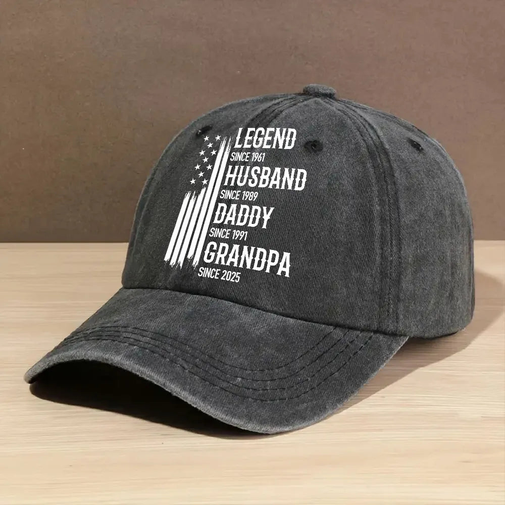 Washed Denim Baseball Cap, Personalized Legend Husband Dad Grandpa Design, Everyday Vintage Look, Creative Gift