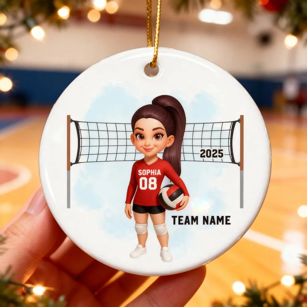 Volleyball Ceramic Ornament — customizable team & number, net backdrop — celebrate big wins, perfect gift for players & coaches