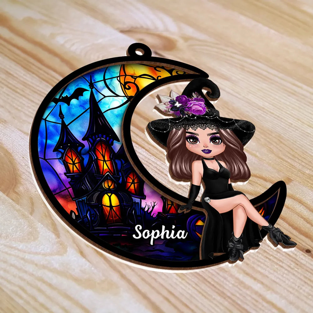 Wood and Acrylic Layered Ornament – Whimsical Moonlight Witch Design, Perfect Gift for Halloween Lovers