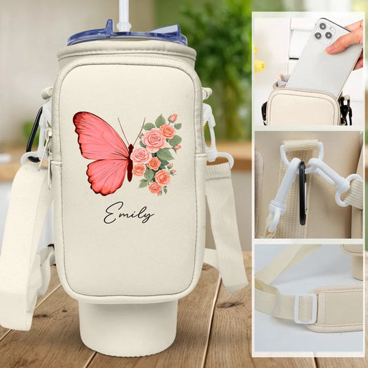 Personalized Water Bottle Carrier Bag with Butterfly & Floral Design – Custom Name, A Great Gift for Mom or Family