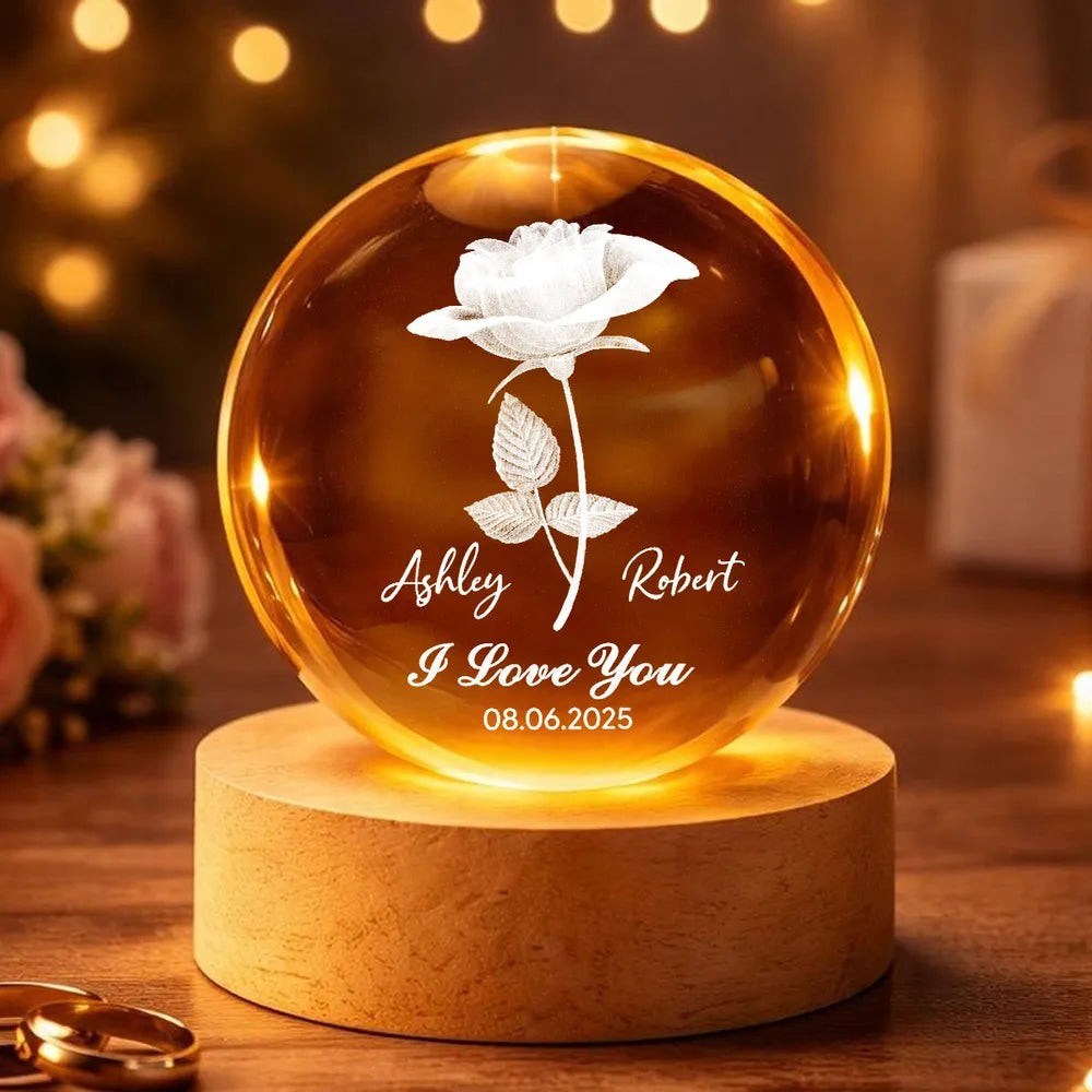 Personalized I Love You Globe Lamp with Rose Design - Cozy Bedside Glow for Her or Him, Unique Gift