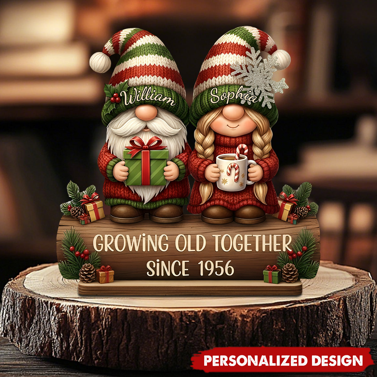 Custom Growing Old Together Wooden Plaque with Cute Christmas Gnome Couple Sentimental Display Piece Thoughtful Gift for Partner