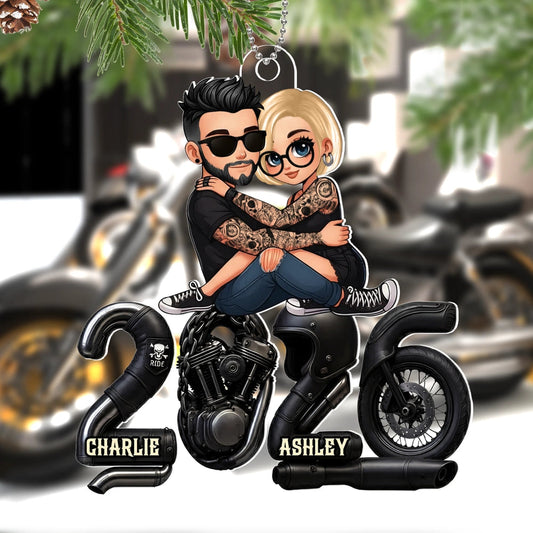 Cute Romantic Acrylic Ornament of a Hugging Biker Couple, Personalized Christmas Ornament, Sweet Unique Gift for Him or Her