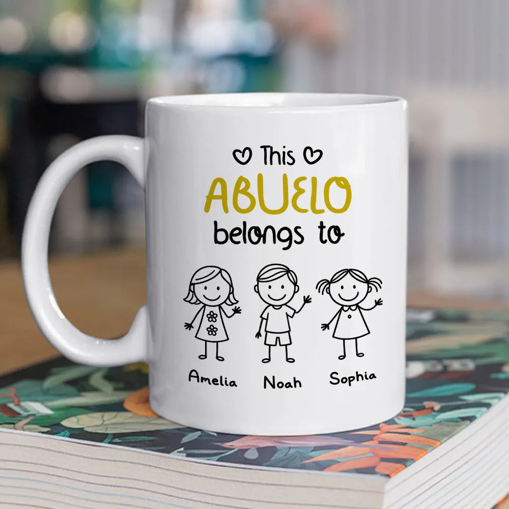 This Grandpa Belongs To – Personalized White Ceramic Mug with Grandkids' Names, Cute Gift for Grandfather