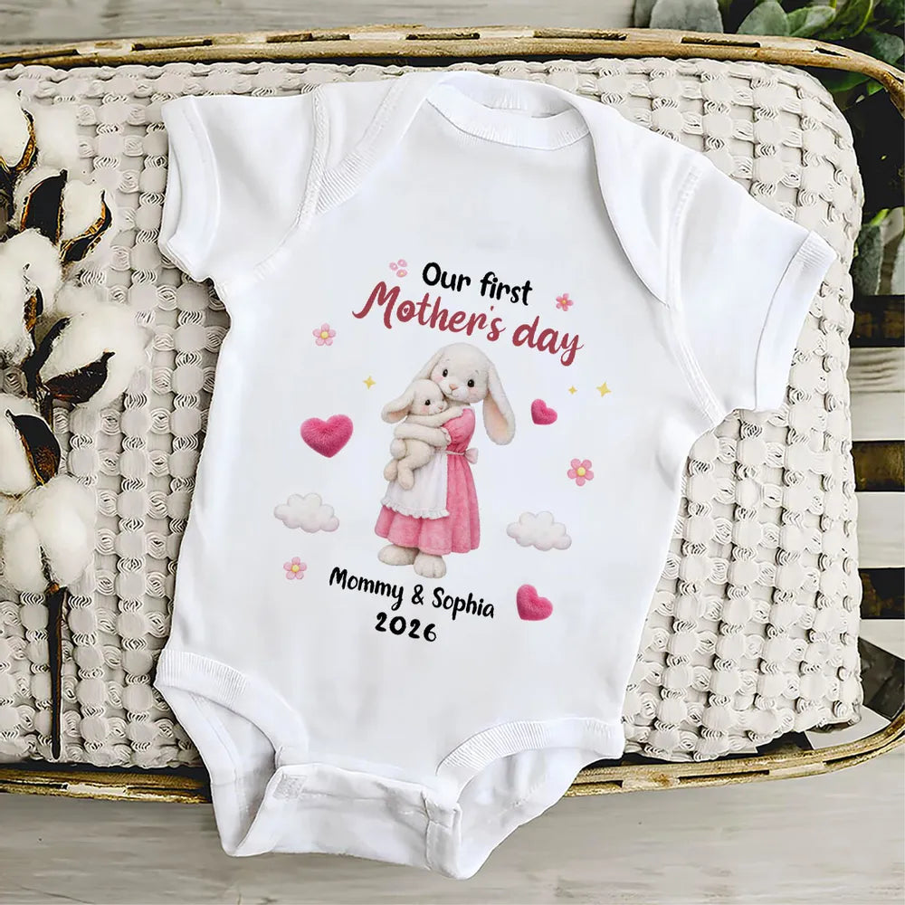 Personalized Mother's Day Short Sleeve Baby Onesie with Bunny Mom & Baby, Sweet First Mother's Day Unique Gift