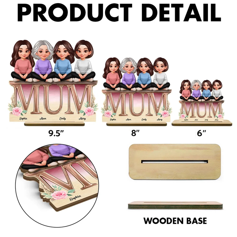 Personalized 2-Layer Wooden Plaque with Mum Letter Design, Custom Family Cartoon Display, Unique Gift for Mom