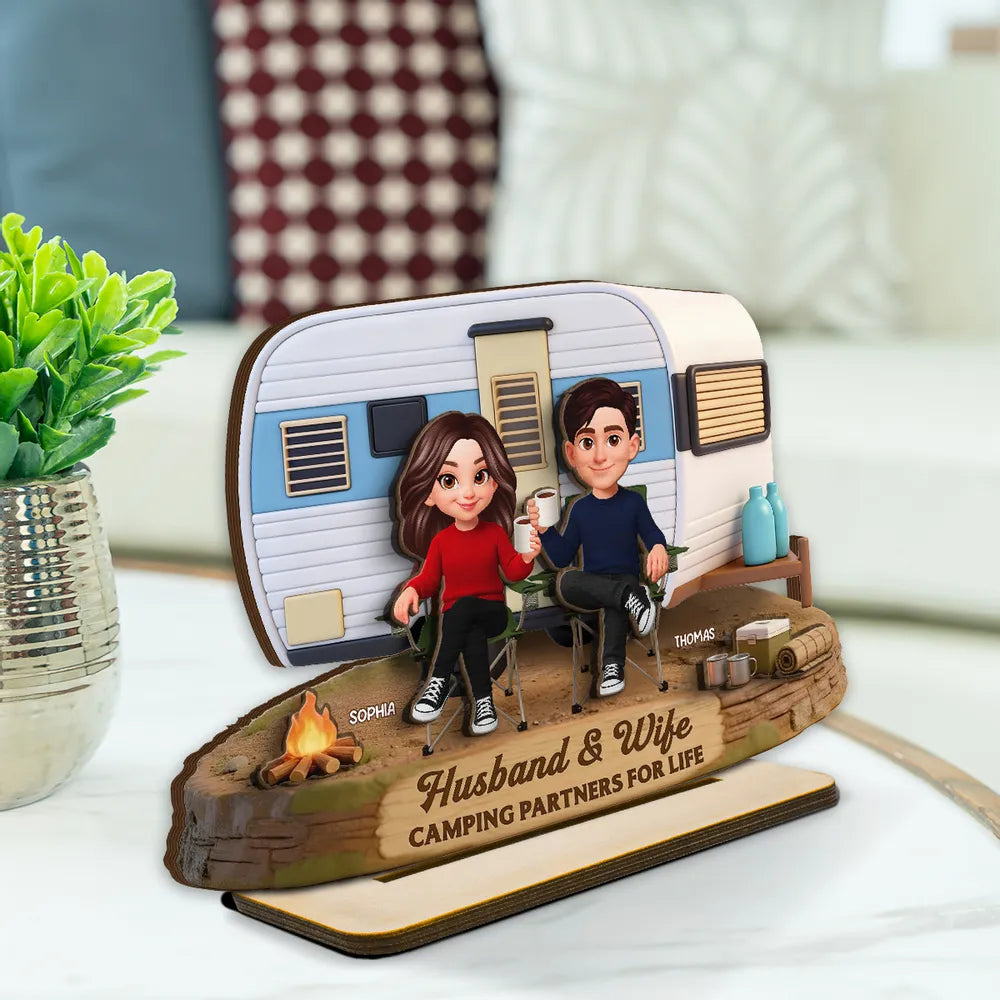 2-Layer Wooden Plaque Personalized for Husband & Wife, Cute Camper Scene Gift That Celebrates Partners for Life