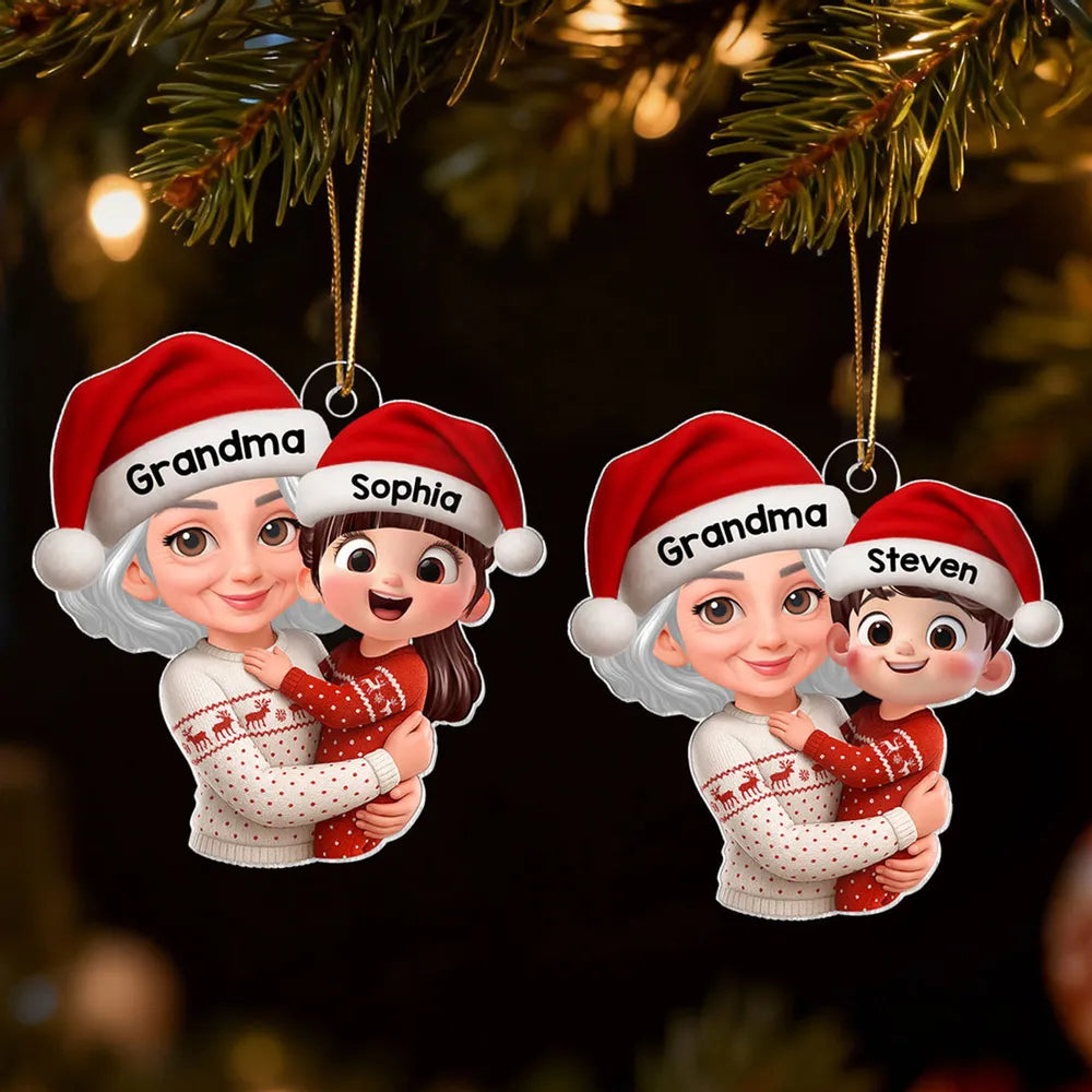 Christmas Acrylic Ornament - Grandma Hugging Grandkid in Santa Hats, Cute Cartoon Tree Decor, a Unique Gift for Family