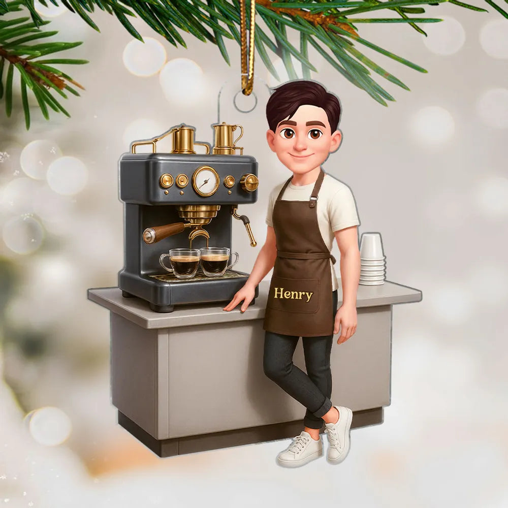 Custom Coffee Barista Acrylic Ornament With Espresso Machine Scene, Warm Holiday Decor, Creative Gift for Coffee Fans