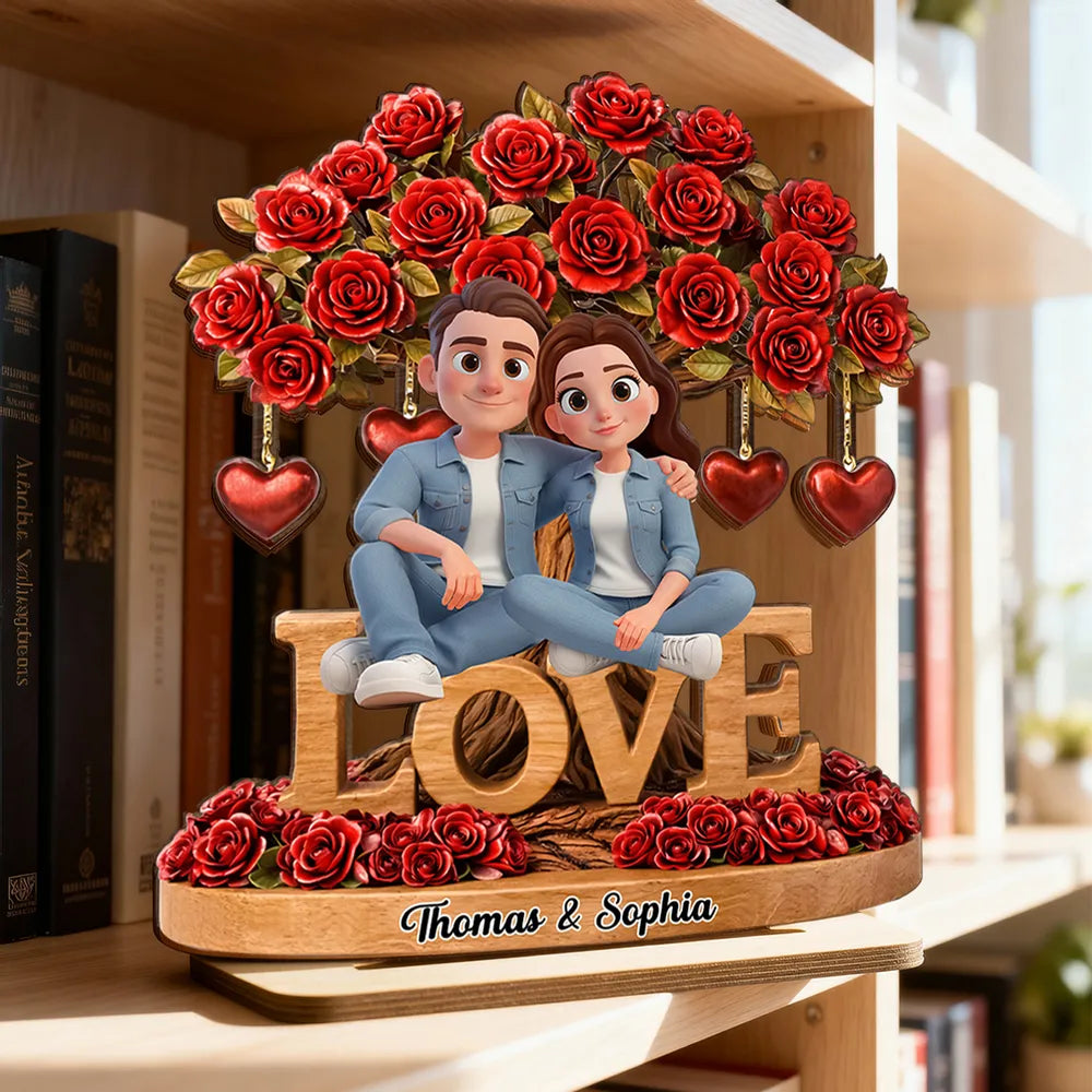 Personalized 2-Layer Wooden Plaque Couple on LOVE Bench with Rose Tree and Hearts, Unique Valentine's Day Gift