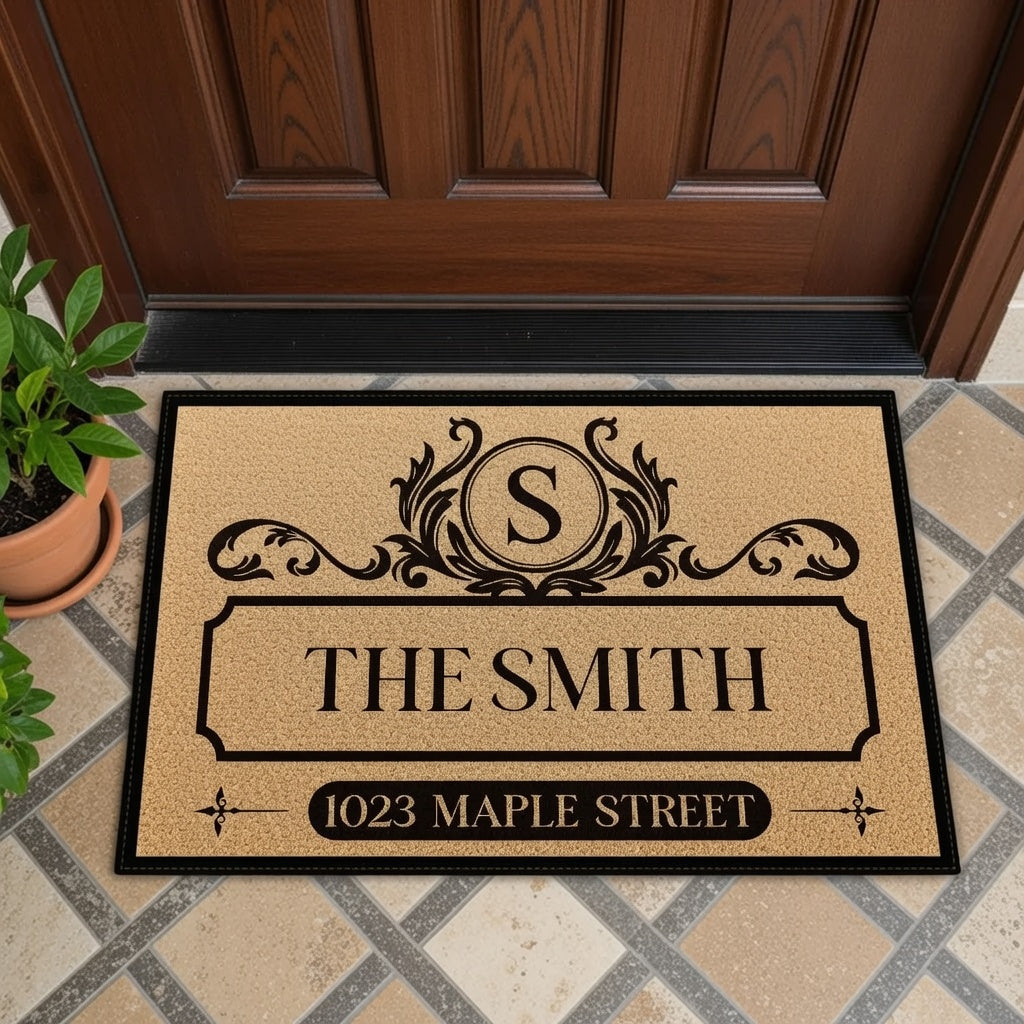 Personalized Standard Doormat with Vintage Family Monogram and Address Look for a Unique Housewarming Gift