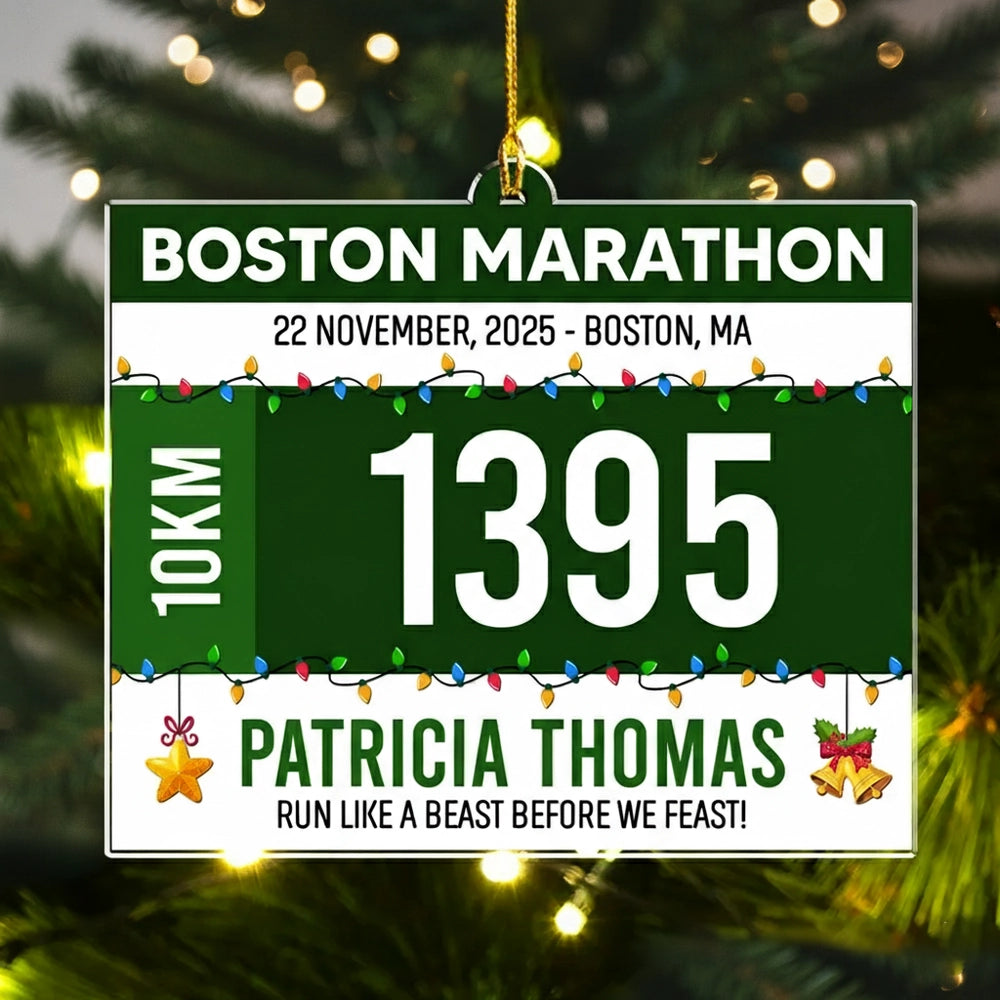 Acrylic Ornament Running Bib Style, modern green & white for holiday decor, celebrate finish lines on the tree, creative gift for athletes & friends