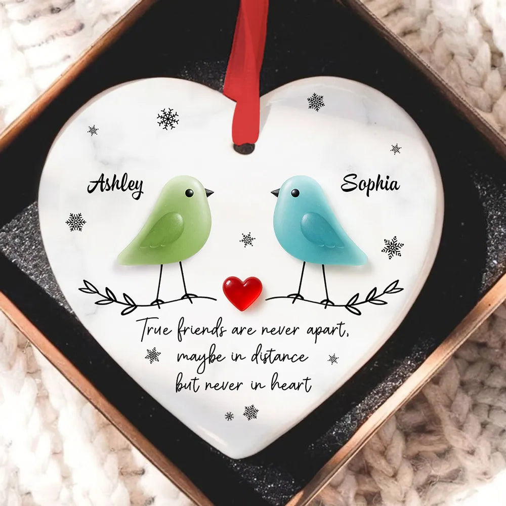 Ceramic Heart Ornament - Colorful Birds, Red Heart & Snowflakes - Unique Gift for Friends, Besties, Long-Distance Bond