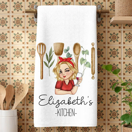 Custom Kitchen Towel for Mom or Grandma, Playful Blonde Cartoon Cook with Wine Glass, Unique Personalized Gift for Home Cooks