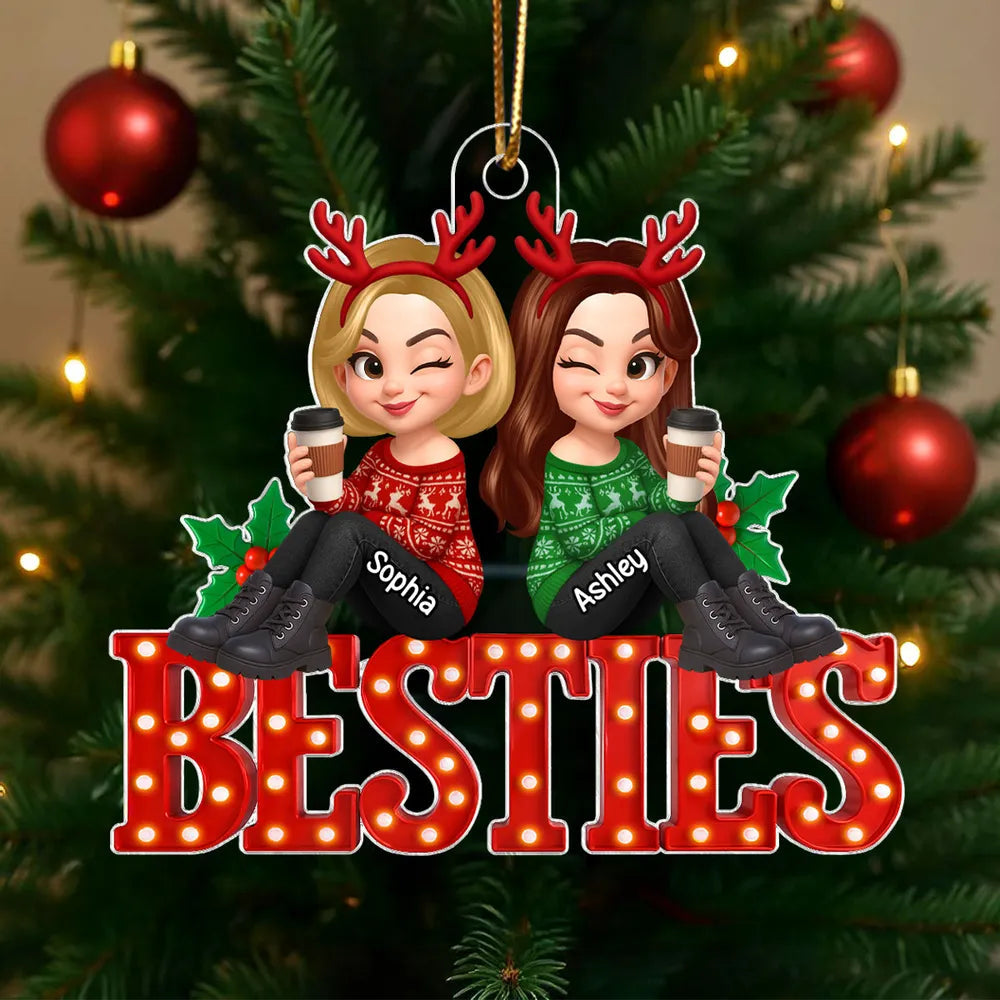 Acrylic Ornament Featuring Besties Cartoon Characters with Holiday Elements, Heartwarming Friendship Gift for Holiday Season