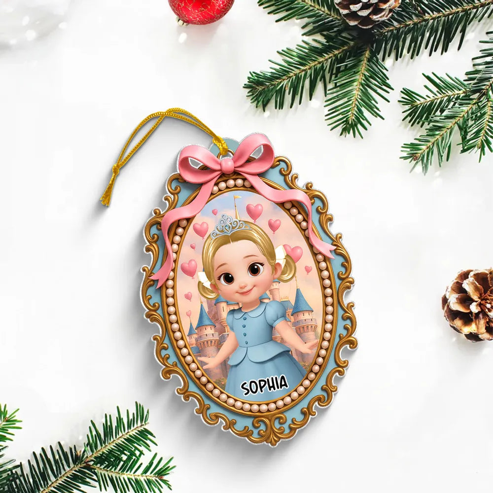 Acrylic Ornament with Princess Portrait and Pink Bow Frame, clear print and elegant detail, perfect gift for Kids or Christmas Décor