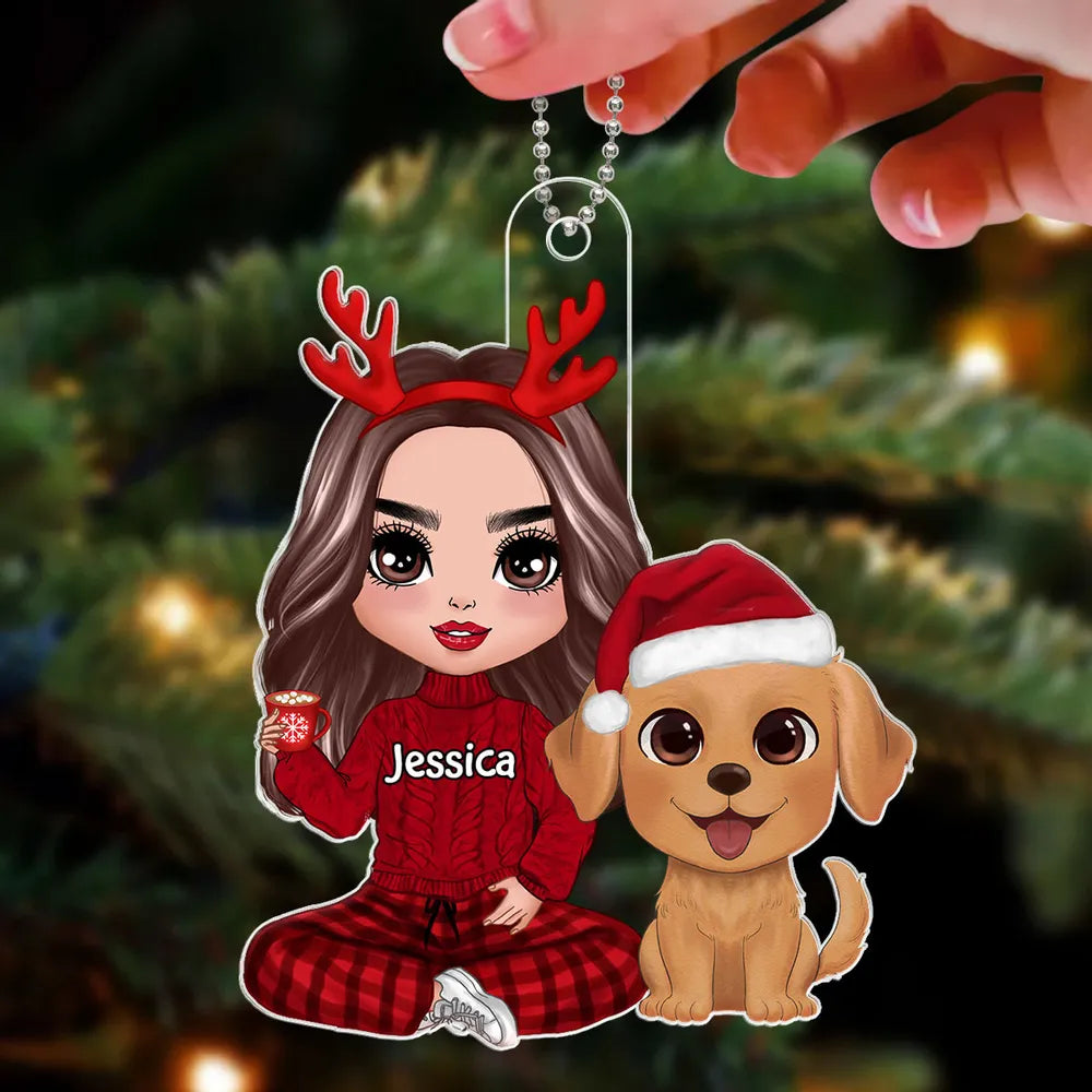 Personalized Acrylic Ornament with Cute Dog and Cozy Christmas Girl, Festive Decor and Unique Gift for Dog Lovers