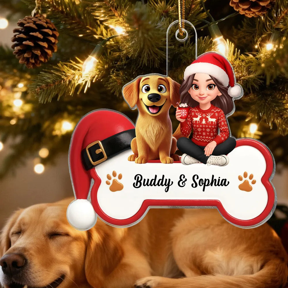 Acrylic Ornament - Personalized Girl with Dog Bone Design for Christmas Tree, unique gift for Dog Lovers