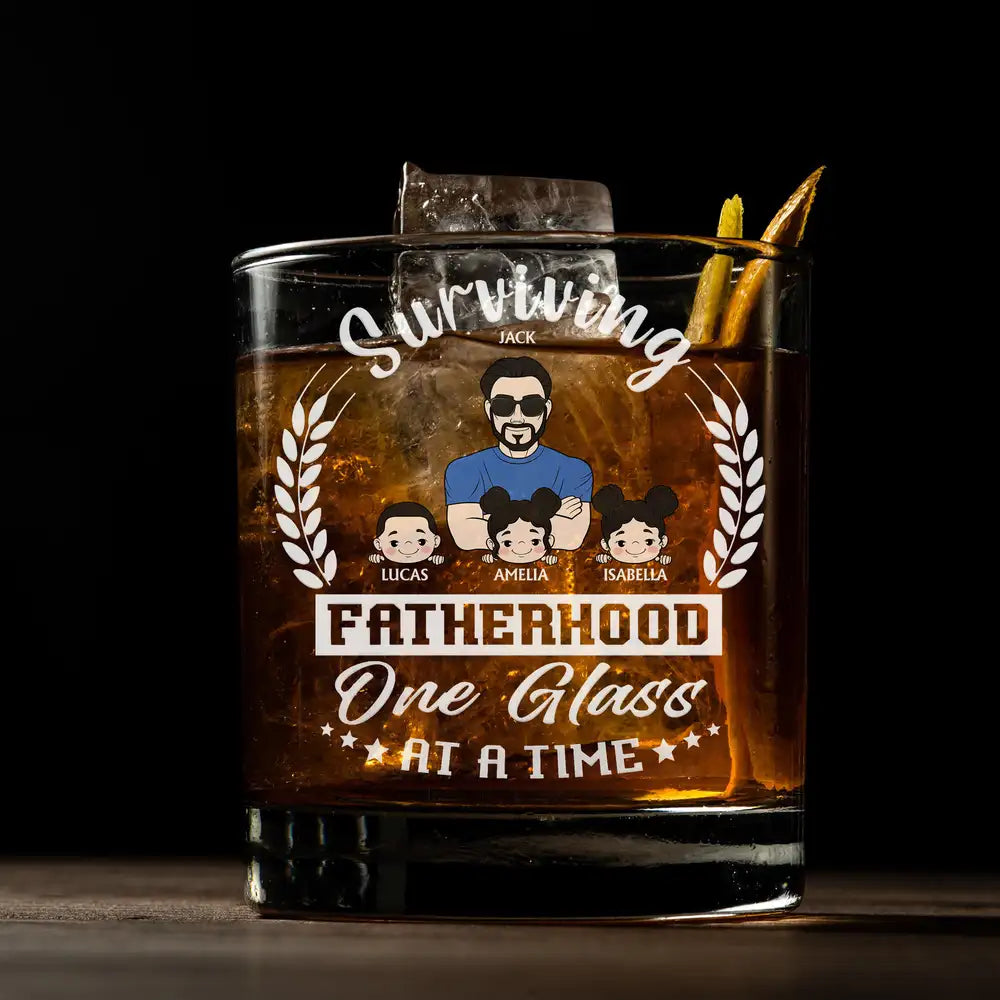 Funny Fatherhood Whiskey Glass with Family Names – Surviving Fatherhood One Glass at a Time, Ideal Father’s Day Gift