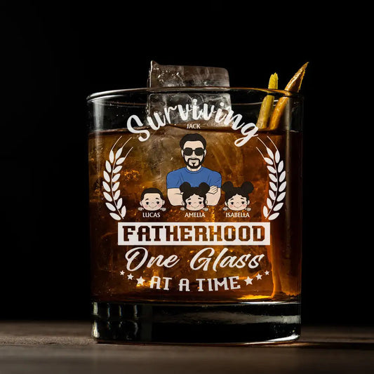 Funny Fatherhood Whiskey Glass with Family Names – Surviving Fatherhood One Glass at a Time, Ideal Father’s Day Gift